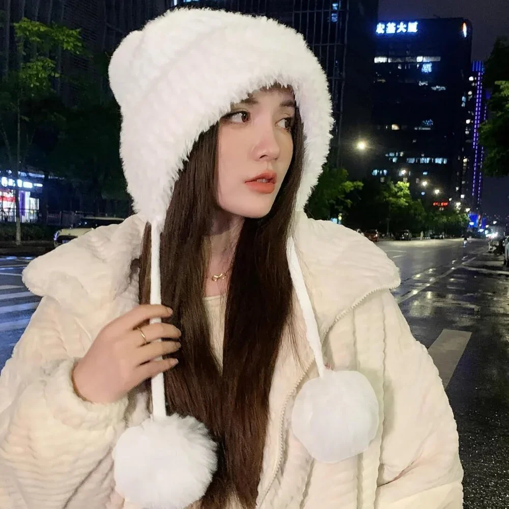 Women White  Winter Sherpa Beanie Hats Knit Ear Flaps Peruvian Cover Ears